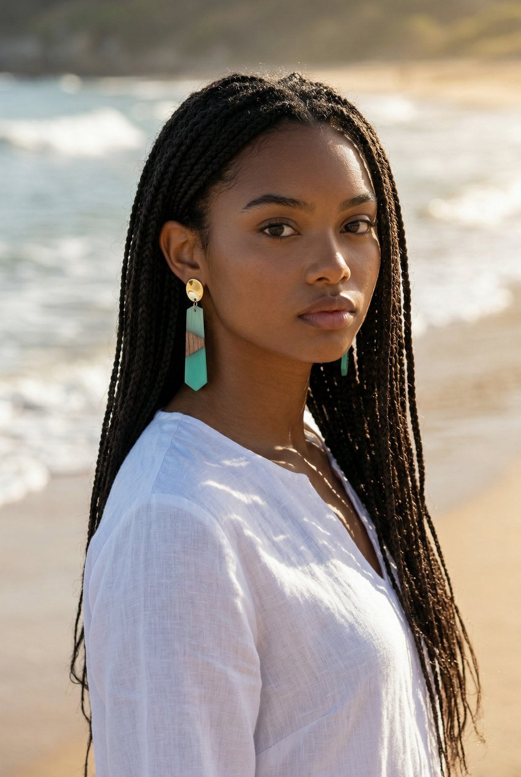 18k Gold with Blue Resin and Natural Wood Dangle Earrings