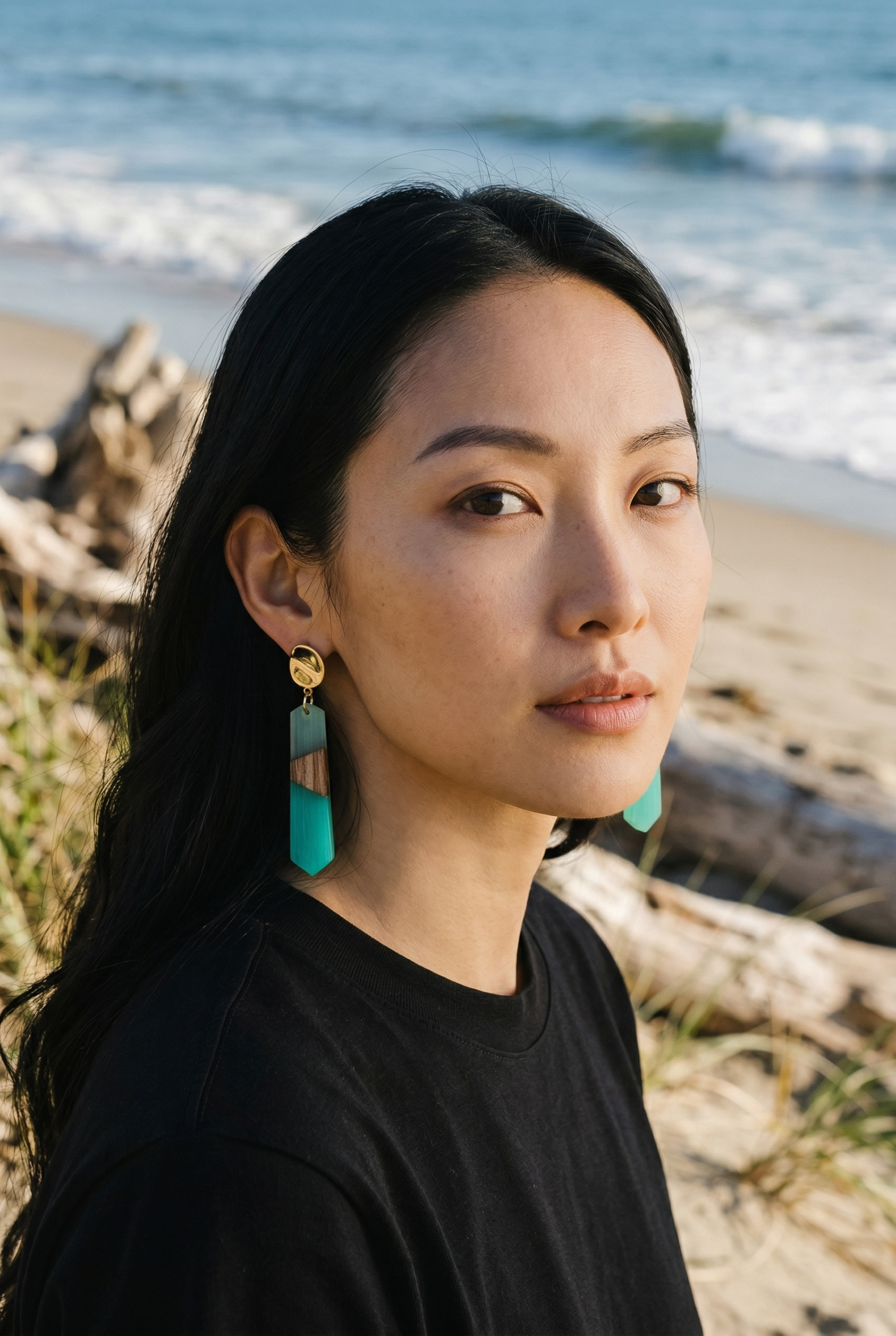 18k Gold with Blue Resin and Natural Wood Dangle Earrings