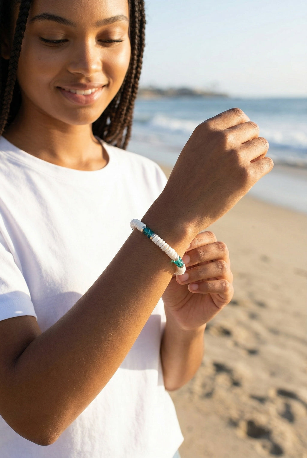 Teal Heshi Bracelet, White Pukka Shell, Adjustable Boho Beach Jewelry
