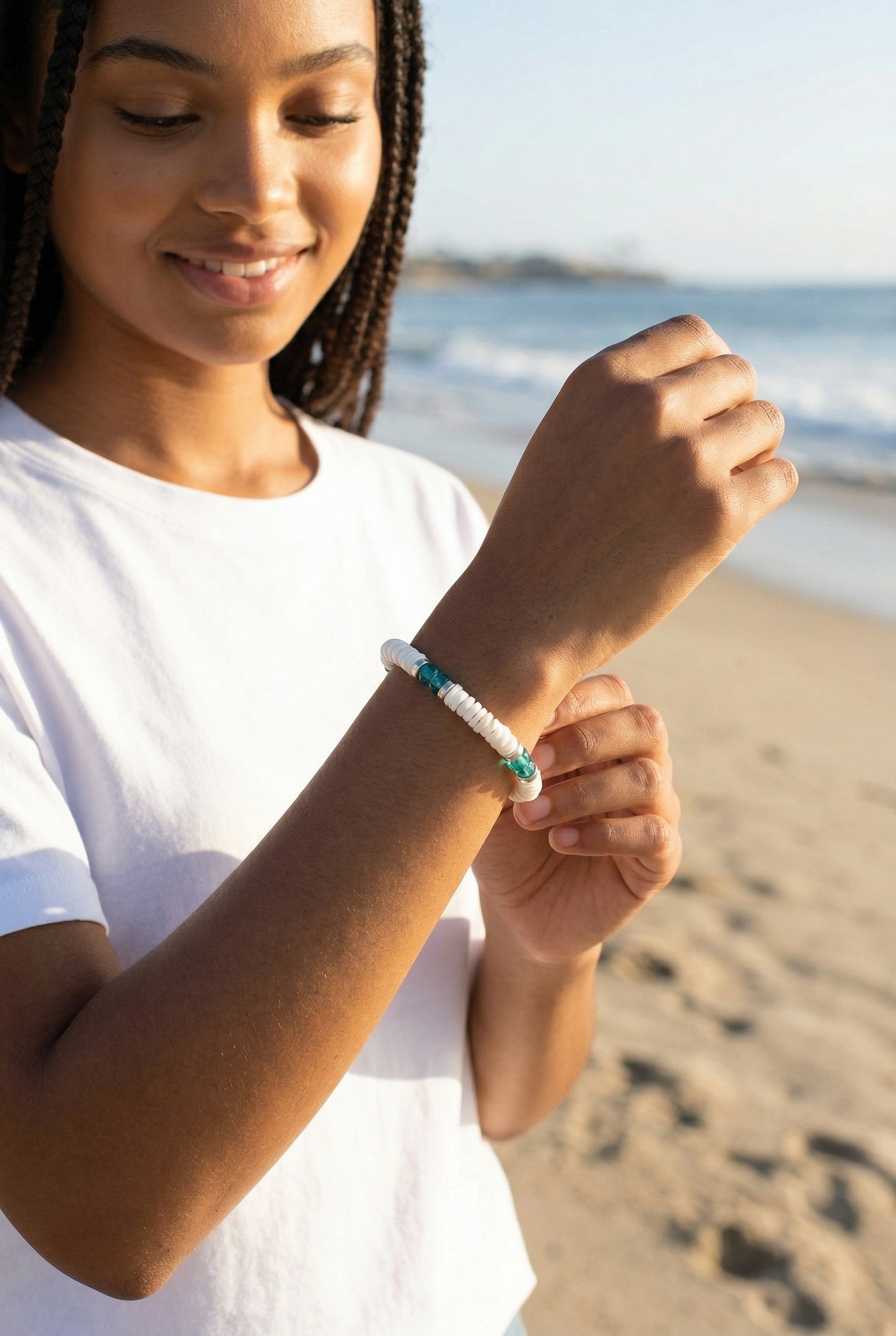 Teal Heshi Bracelet, White Pukka Shell, Adjustable Boho Beach Jewelry