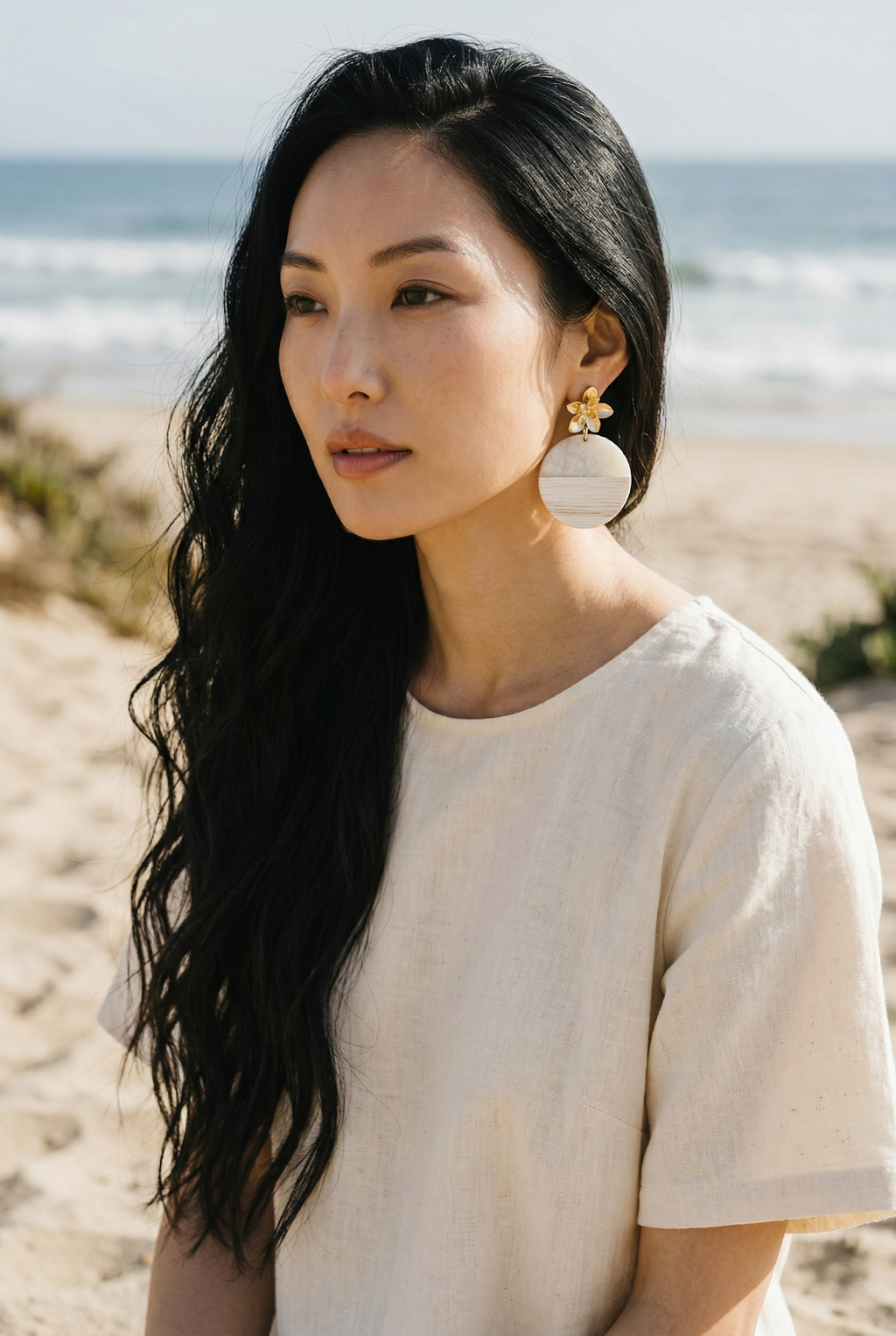 18k Gold Flower with White Resin and Wood Earrings
