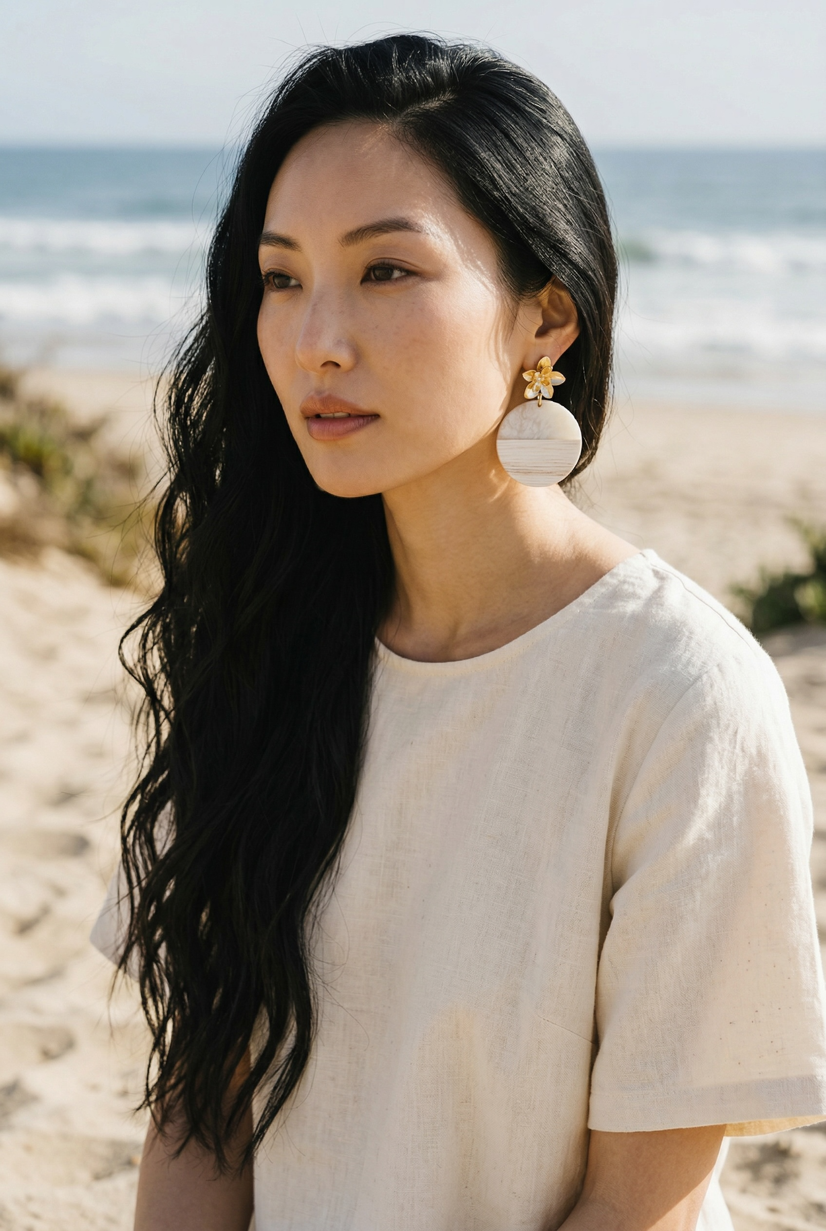 18k Gold Flower with White Resin and Wood Earrings