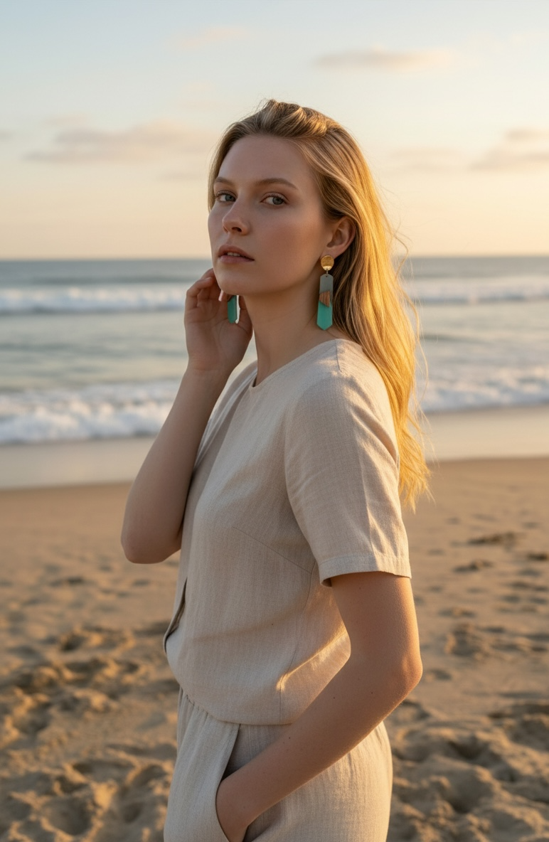 18k Gold with Blue Resin and Natural Wood Dangle Earrings