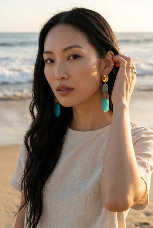 18k Gold with Blue Resin and Natural Wood Dangle Earrings