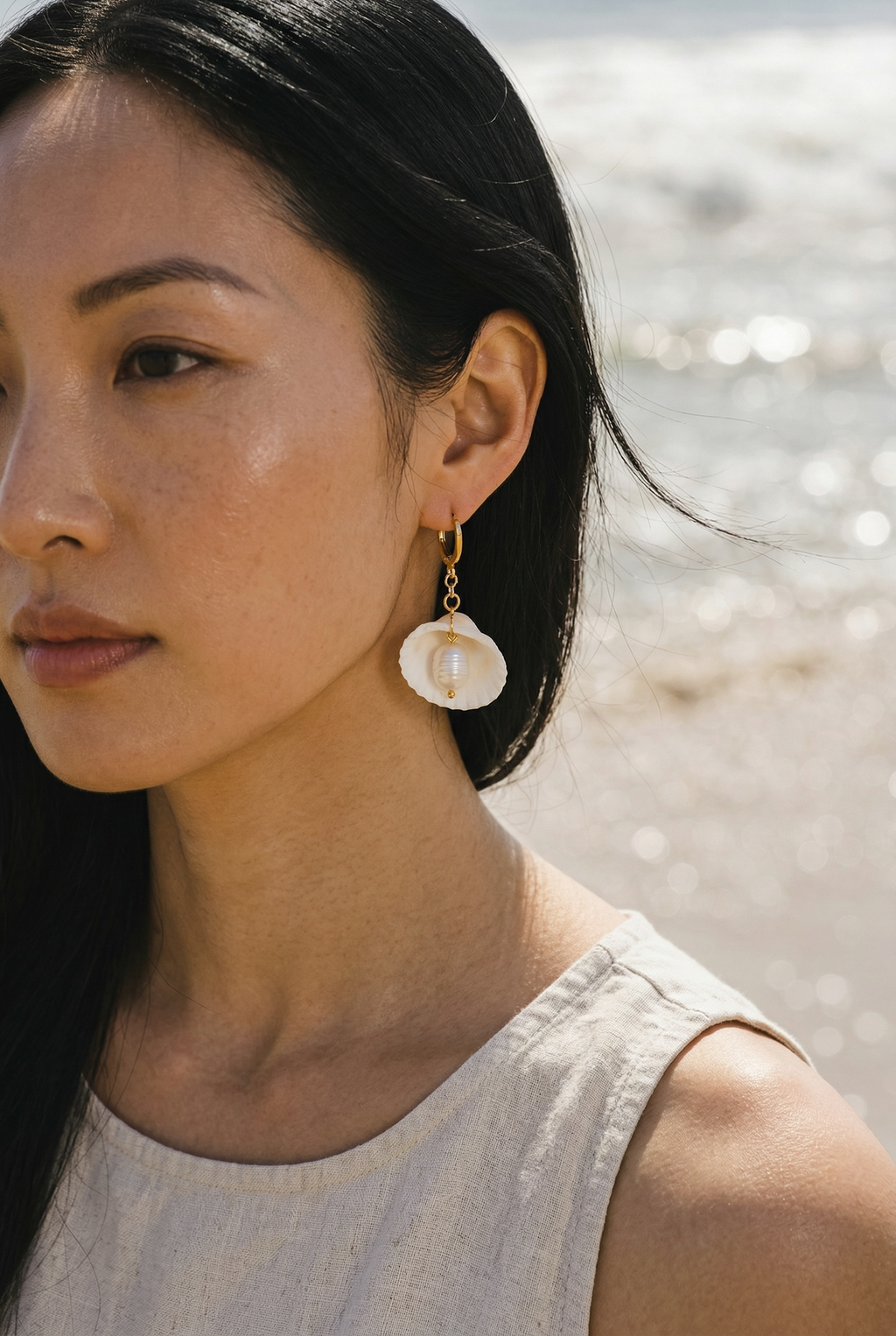 18k Gold, Pearl and White Shell Dangle Earrings