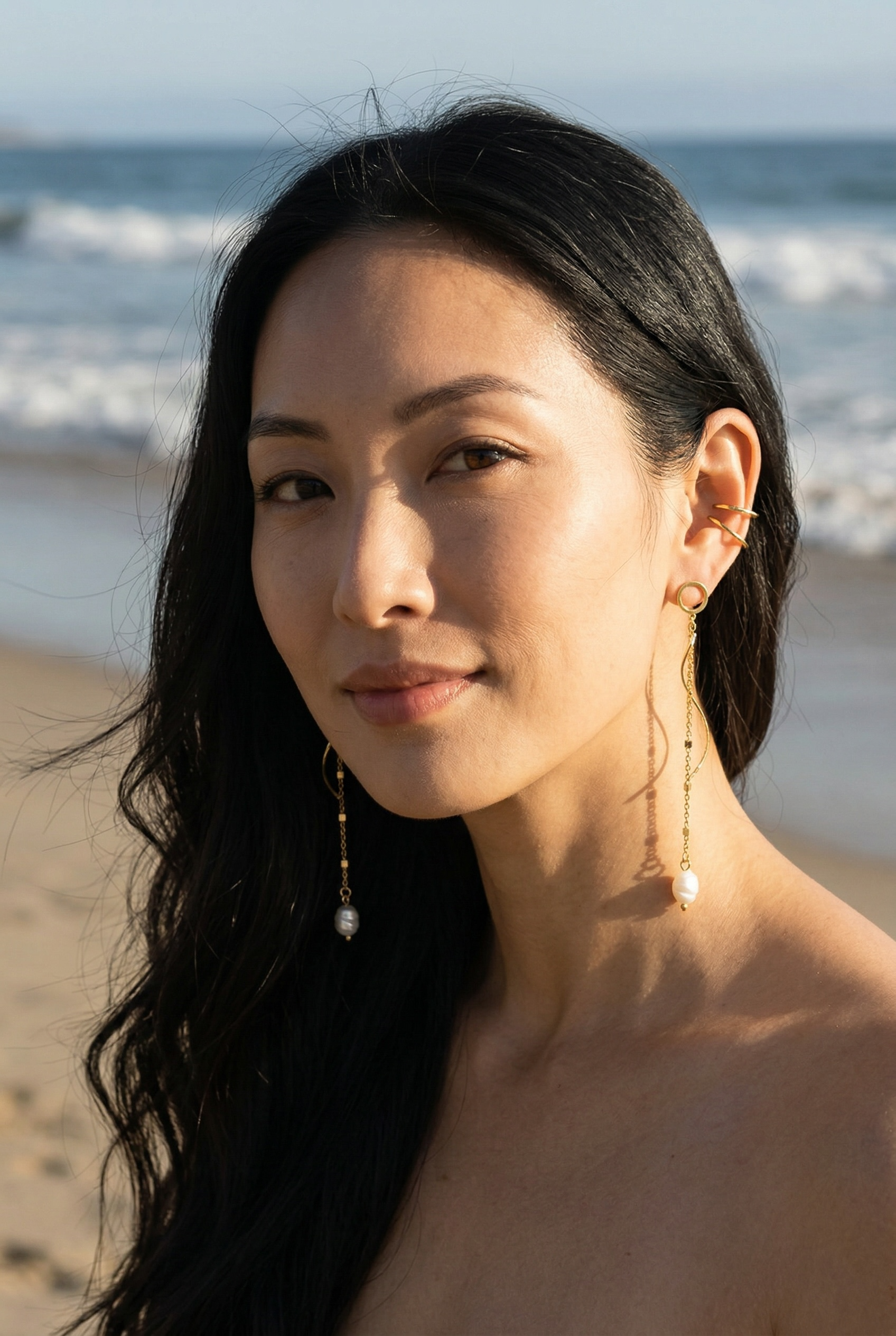 18k Gold Pearl Satellite Chain Earrings