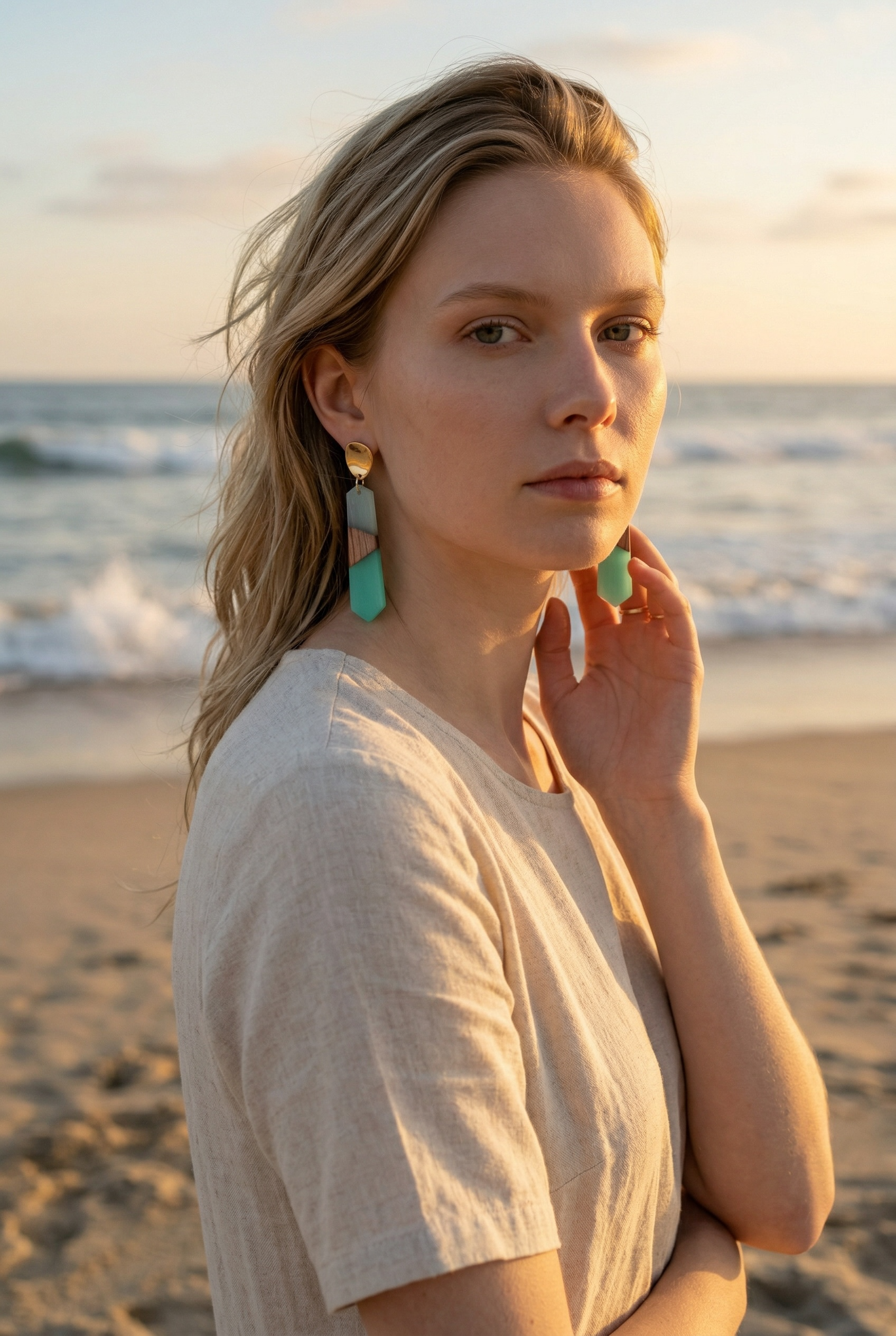 18k Gold with Blue Resin and Natural Wood Dangle Earrings