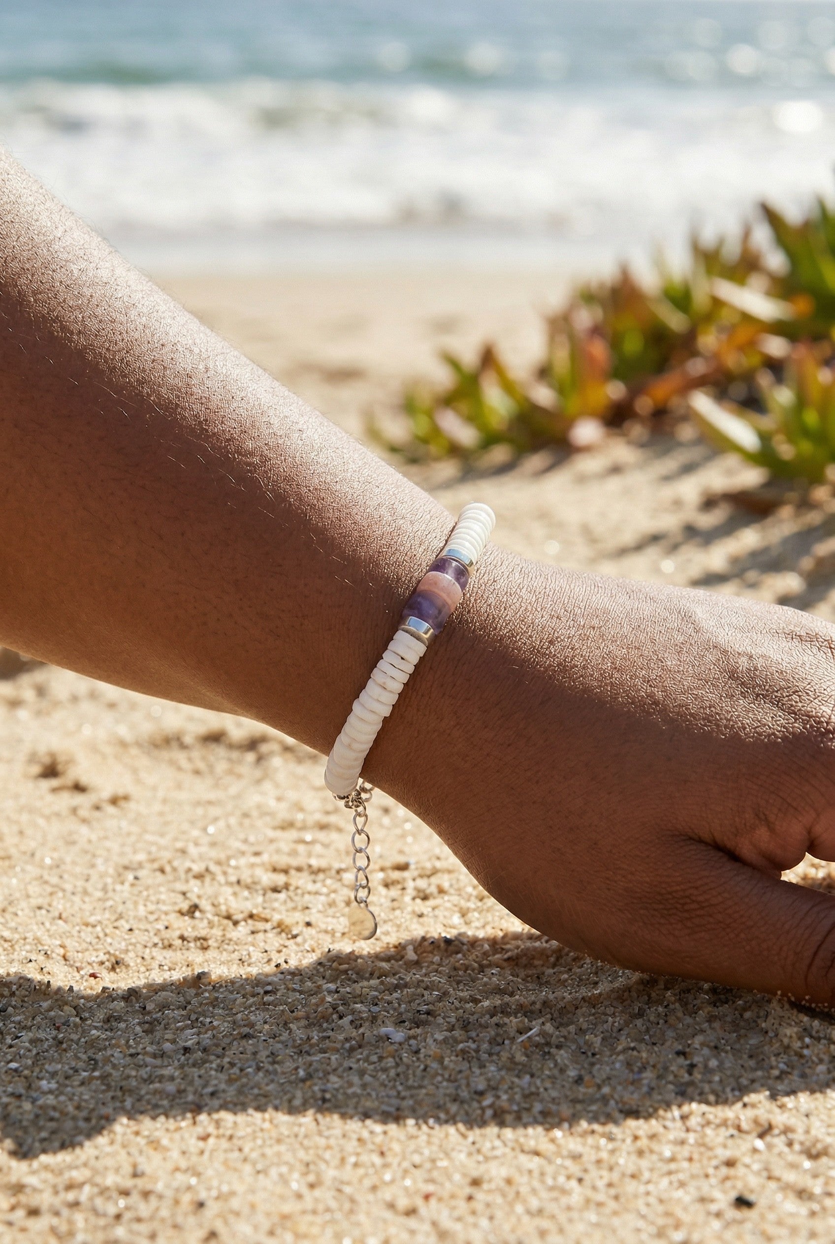 Purple Quartz & Pukka Shell Bracelet, Adjustable Boho Beach Jewelry