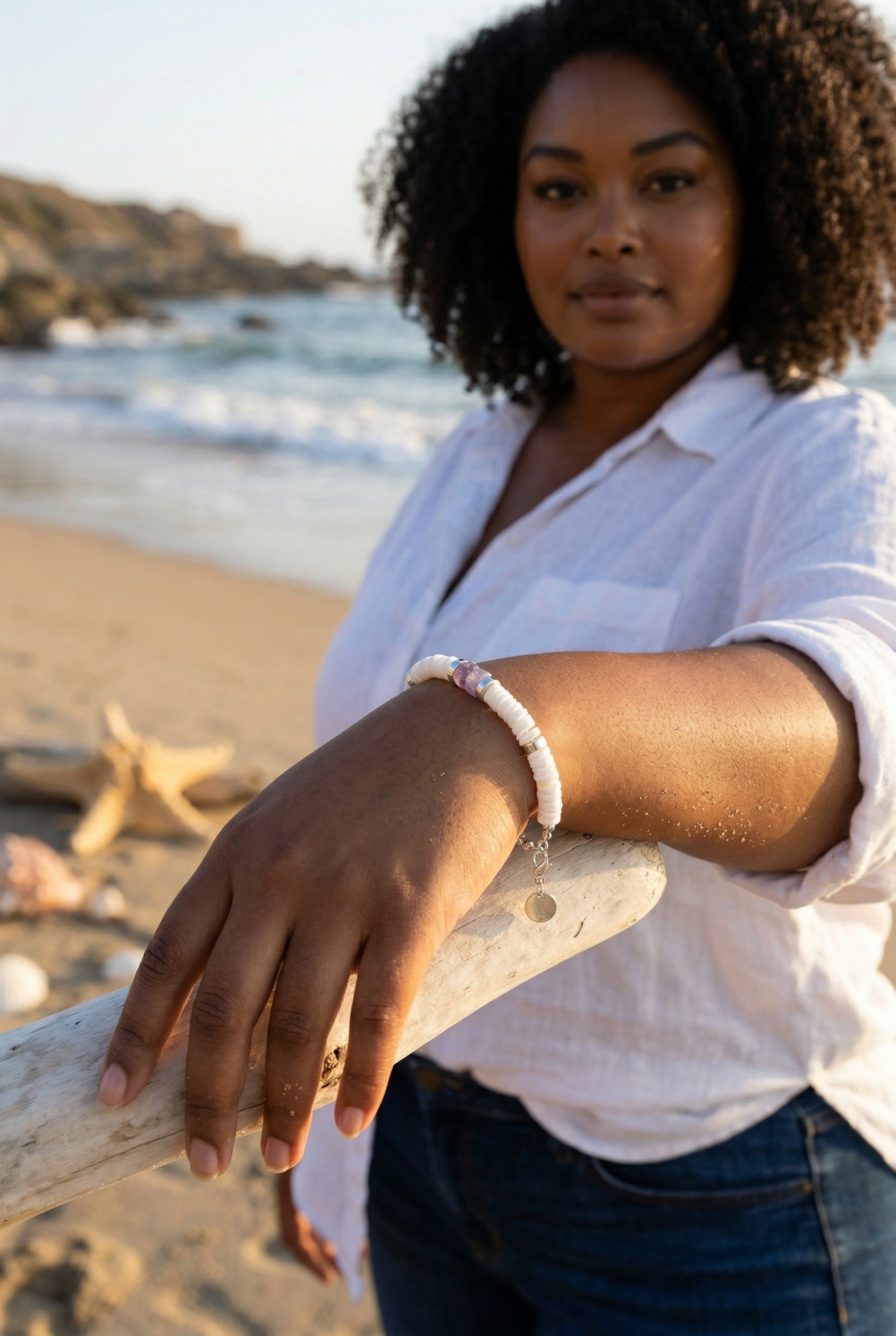 Purple Quartz & Pukka Shell Bracelet, Adjustable Boho Beach Jewelry