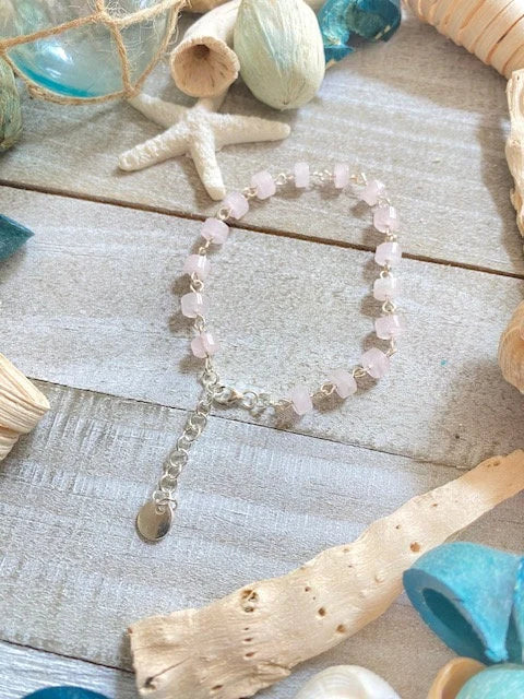 Handmade Rose Quartz Beaded Bracelet, Sterling Silver, Adjustable