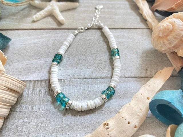 Teal Heshi Bracelet, White Pukka Shell, Adjustable Boho Beach Jewelry
