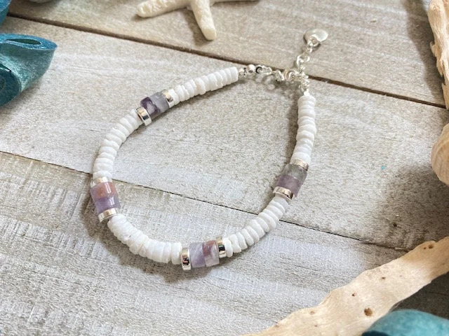 Purple Quartz & Pukka Shell Bracelet, Adjustable Boho Beach Jewelry