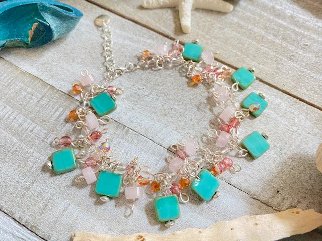 Handmade Teal Czech Glass Beaded Bracelet, Rose Quartz, Sterling Silver