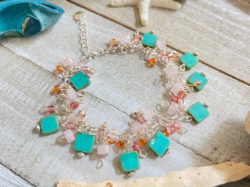 Handmade Teal Czech Glass Beaded Bracelet, Rose Quartz, Sterling Silver