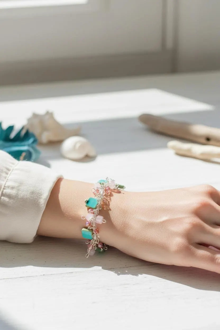 Handmade Teal Czech Glass Beaded Bracelet, Rose Quartz, Sterling Silver