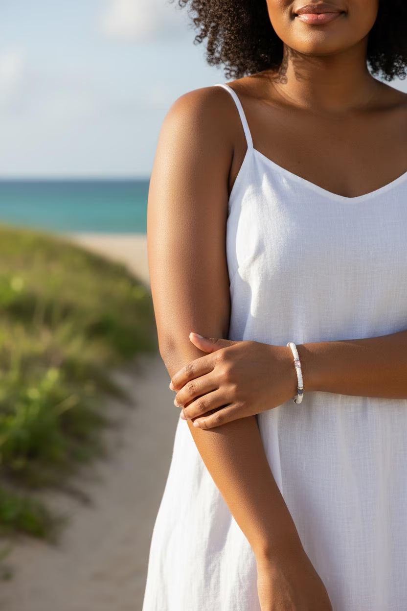 Handmade Rose Quartz Bracelet, White Pukka Shell, Boho Beach Jewelry