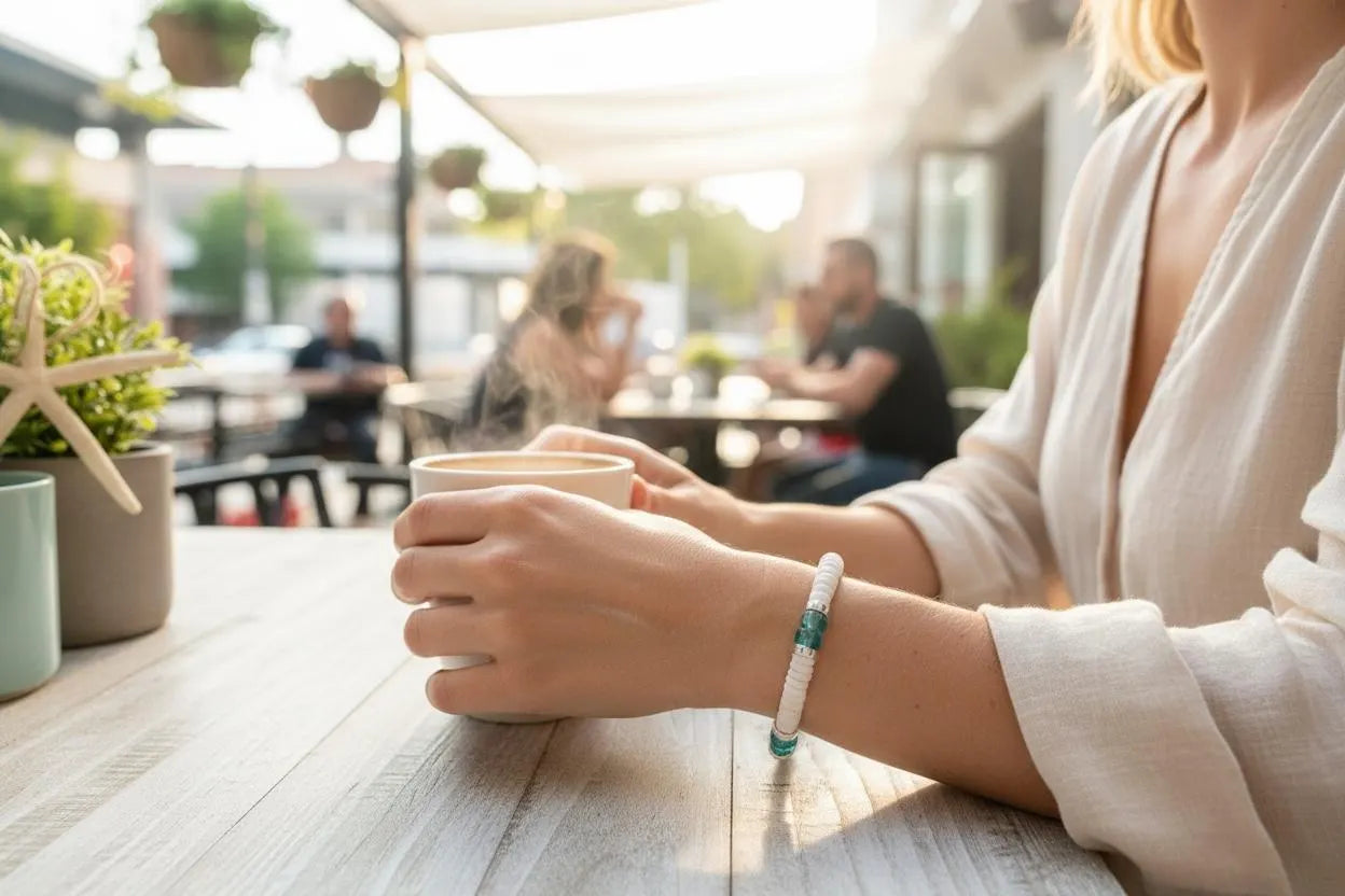 Teal Heshi Bracelet, White Pukka Shell, Adjustable Boho Beach Jewelry