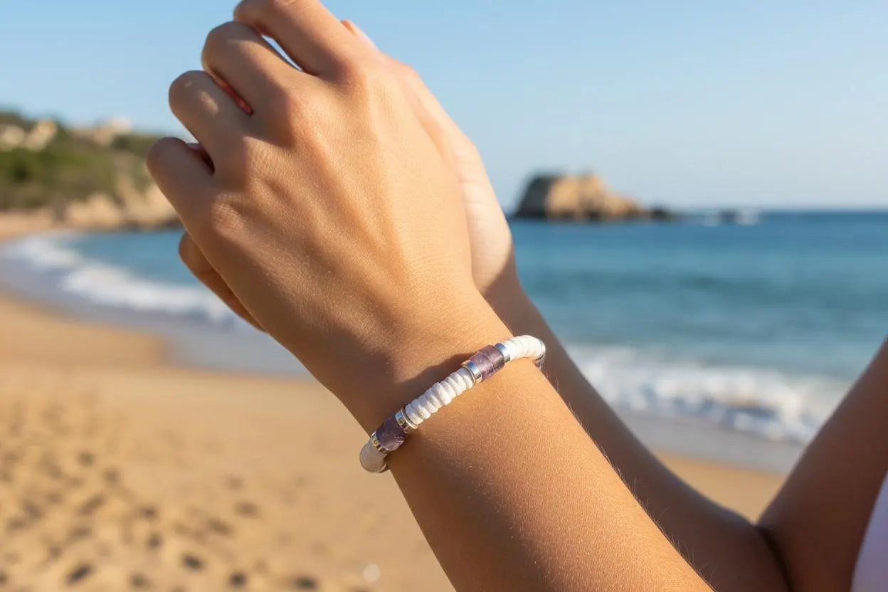 Purple Quartz & Pukka Shell Bracelet, Adjustable Boho Beach Jewelry