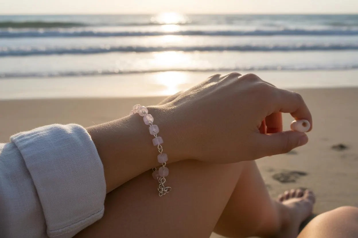 Handmade Rose Quartz Beaded Bracelet, Sterling Silver, Adjustable