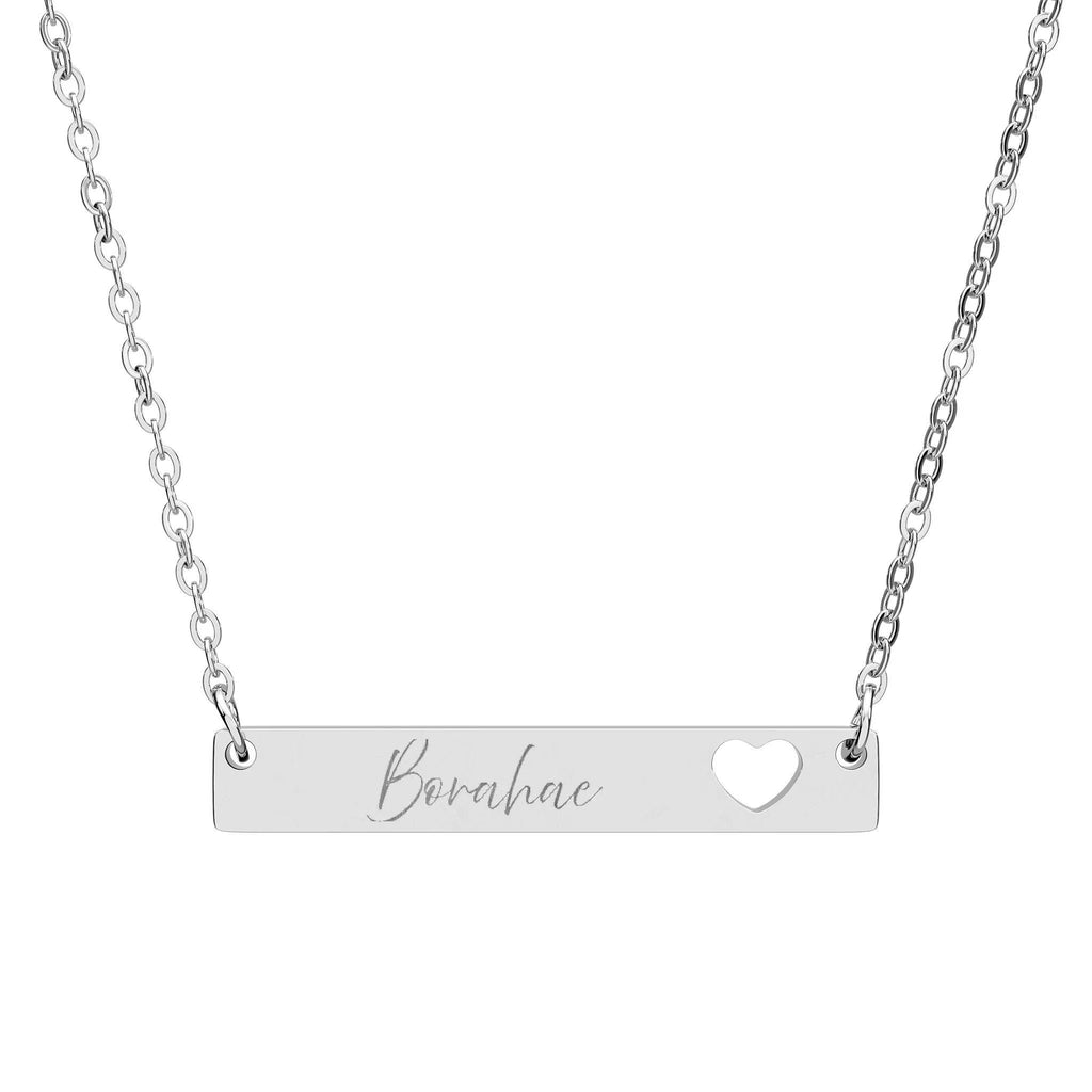 Silver Heart Cutout Borahae Engraved Bar Necklace