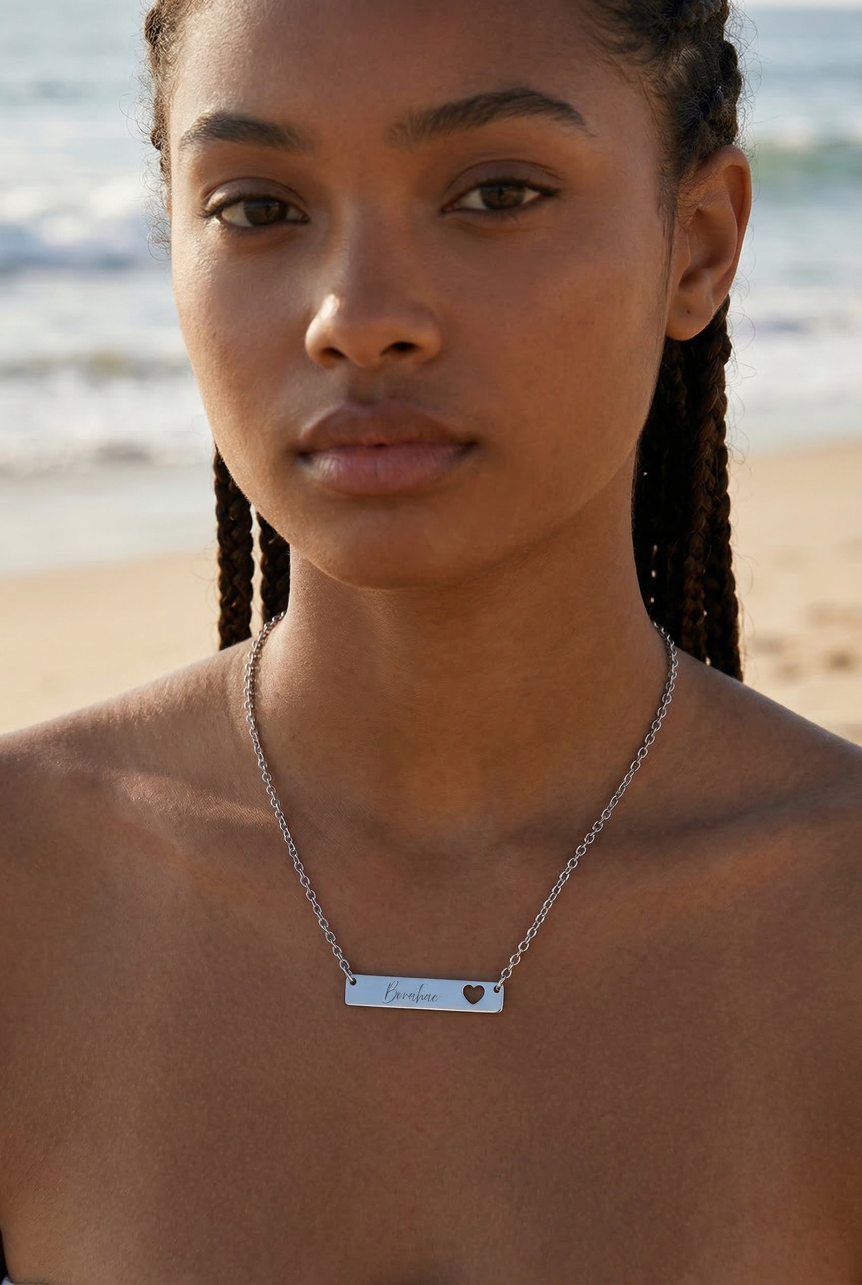 Silver Heart Cutout Borahae Engraved Bar Necklace BTS Inspired