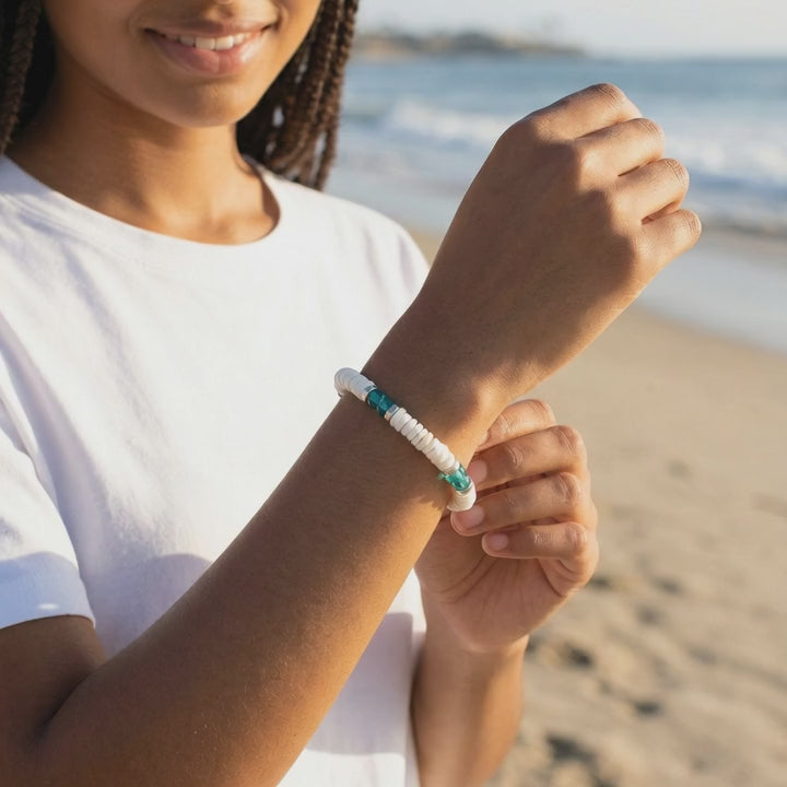Teal Heshi Bracelet, White Pukka Shell, Adjustable Boho Beach Jewelry