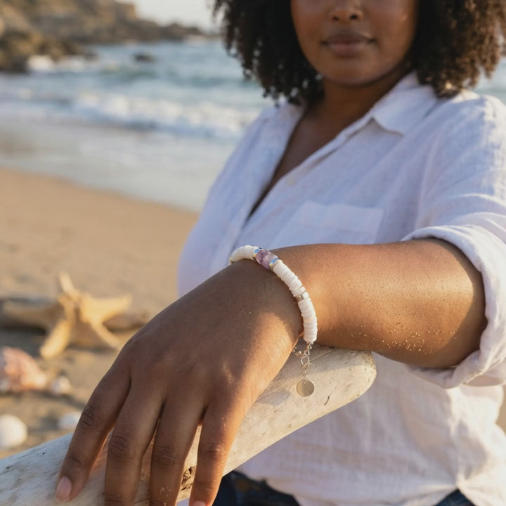 Purple Quartz & Pukka Shell Bracelet, Adjustable Boho Beach Jewelry