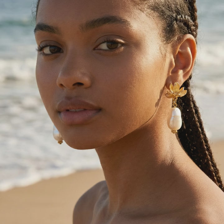 18k Gold Flower and White Pearl Dangle Earring