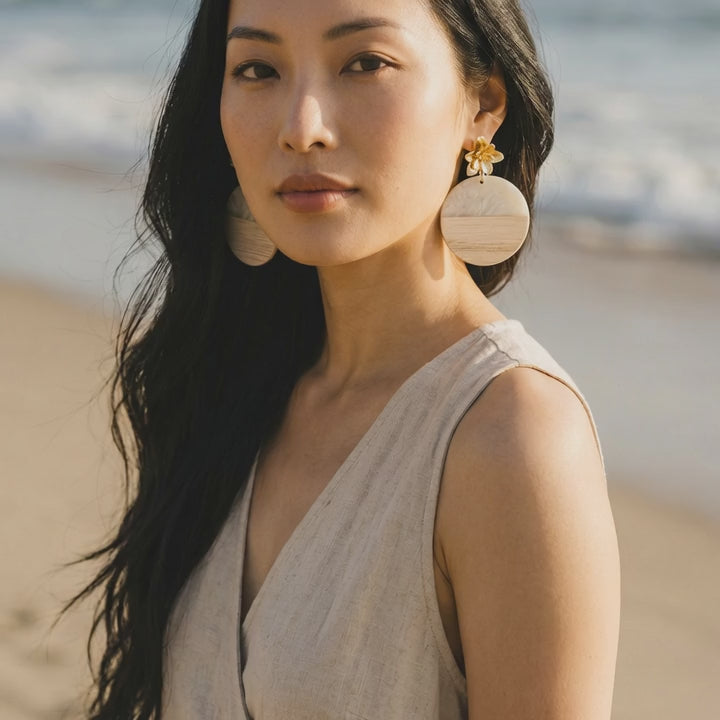 18k Gold Flower with White Resin and Wood Earrings