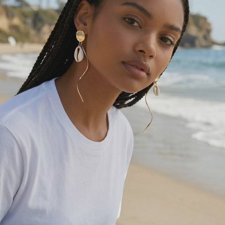 18k Gold Twisted Post and White Shell Dangle Earrings