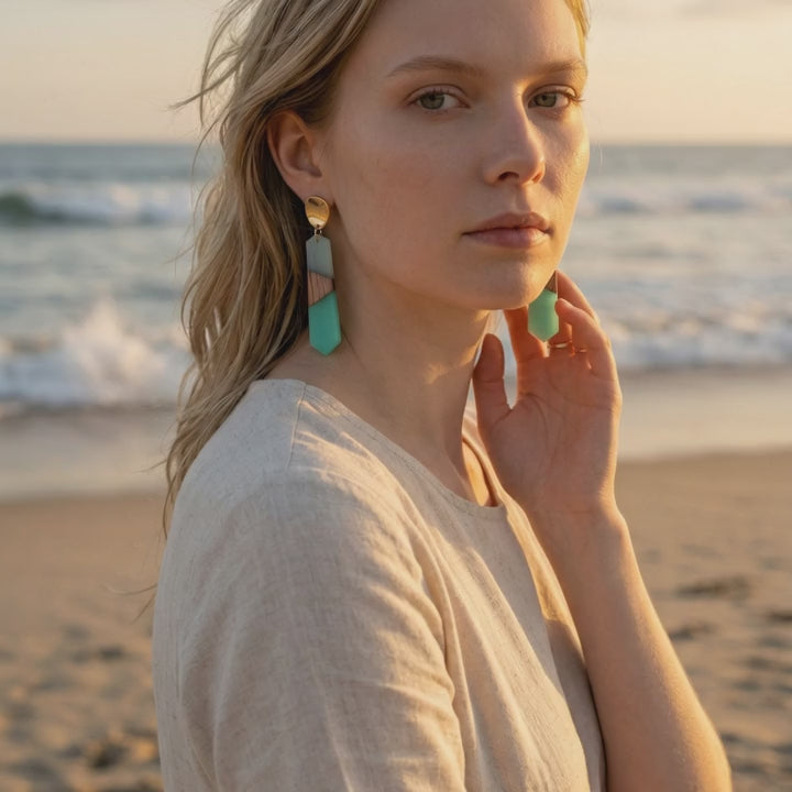 18k Gold with Blue Resin and Natural Wood Dangle Earrings