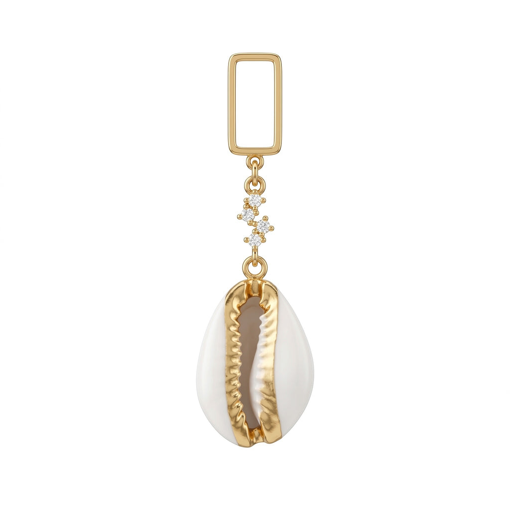 Sand and Sea gold-tone dangle earrings with cubic zirconia and natural cowrie shell pendant.