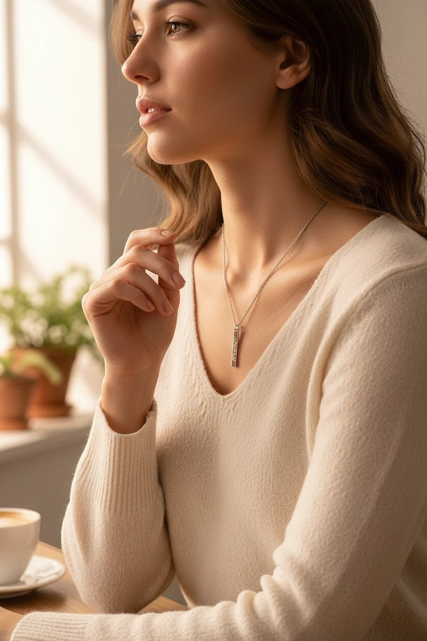 Sand and Sea engraved silver vertical bar necklace on a woman wearing a cream sweater. Minimalist jewelry.