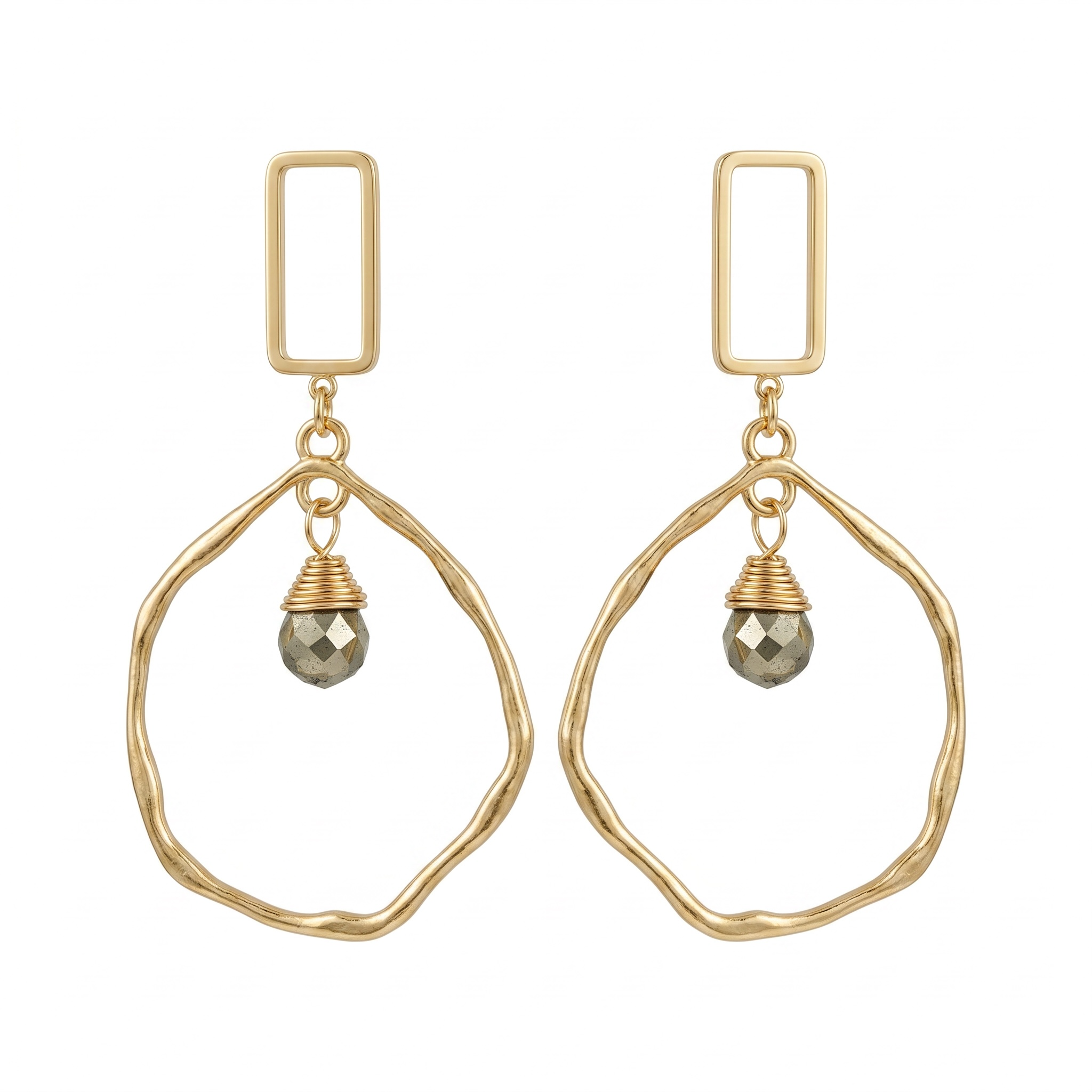 Sand and Sea gold-tone geometric drop earrings with faceted pyrite stone accent, wire-wrapped detail.