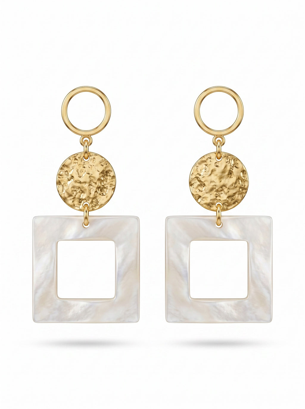 Sand and Sea geometric drop earrings with gold-tone hammered discs and matte white square frames.
