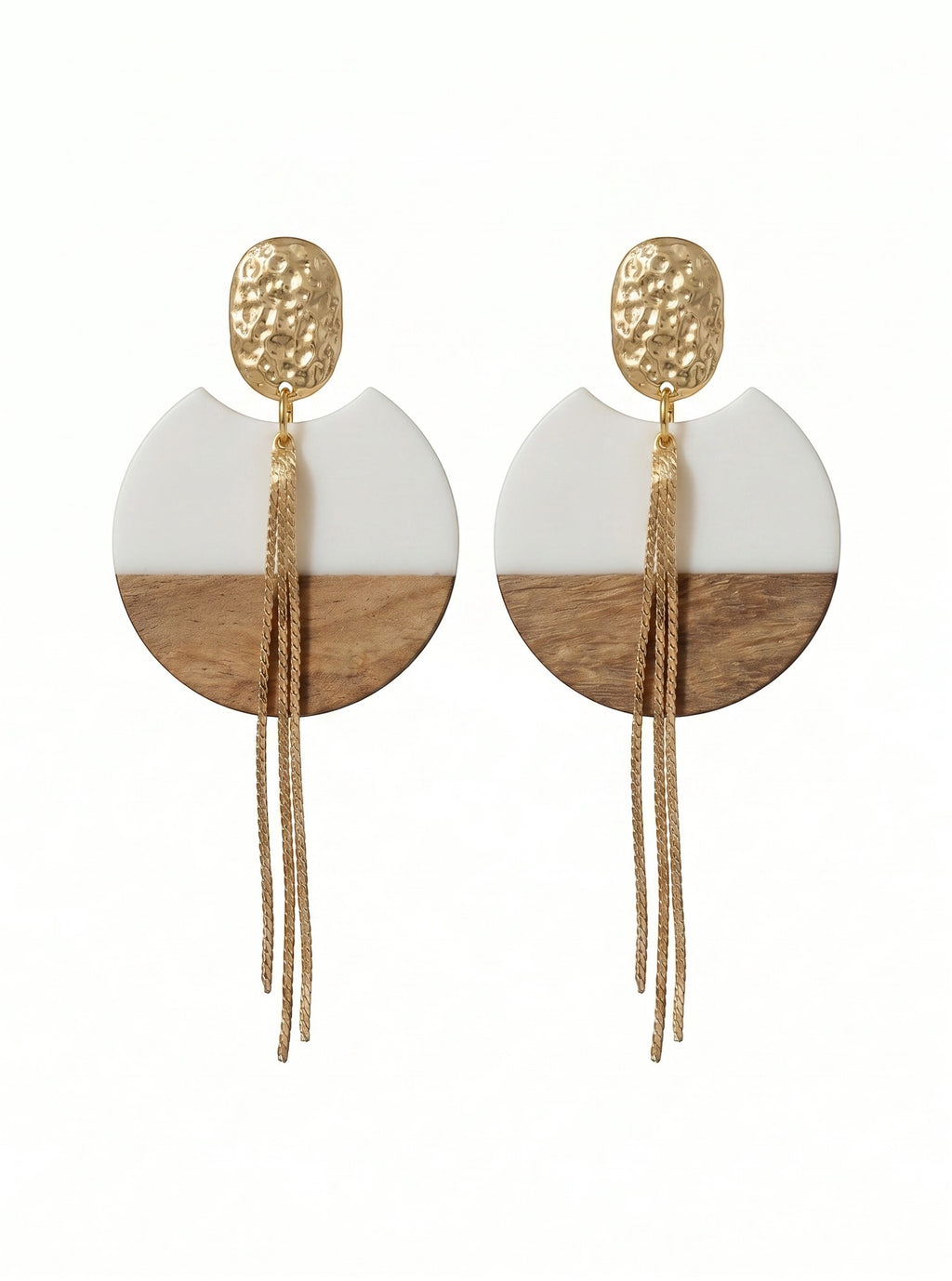 Sand and Sea geometric wood and white resin drop earrings with gold chains and hammered gold tops.