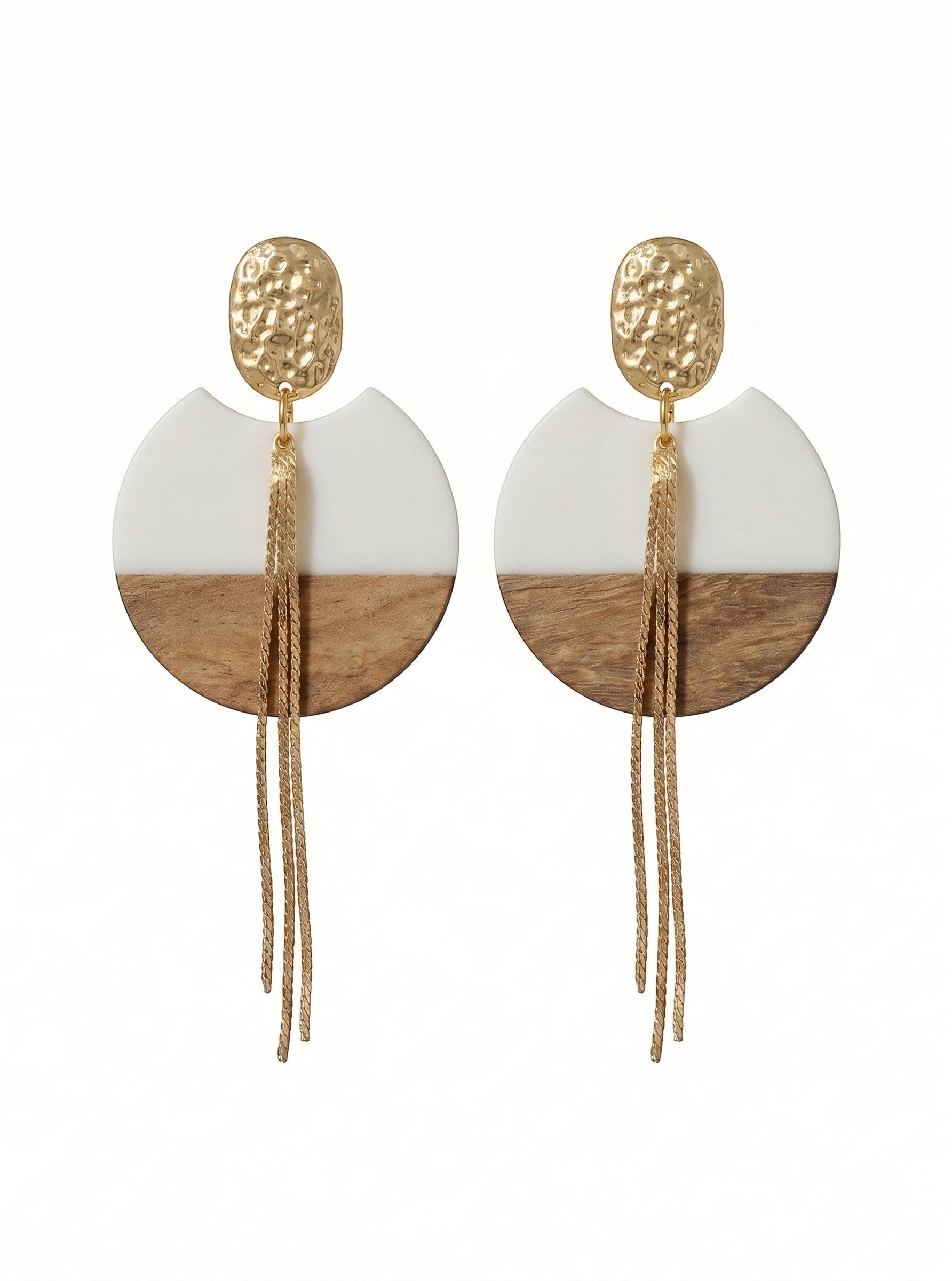 Sand and Sea geometric wood and white resin drop earrings with gold chains and hammered gold tops.