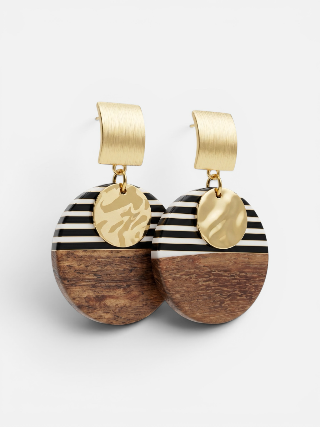 Sand and Sea Geometric wood and black & white stripe round drop earrings with hammered gold disc.