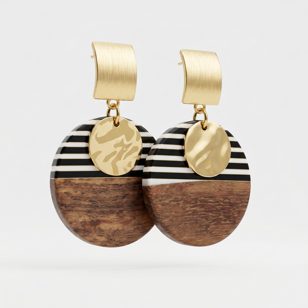 Sand and Sea Geometric wood and black & white stripe round drop earrings with hammered gold disc.