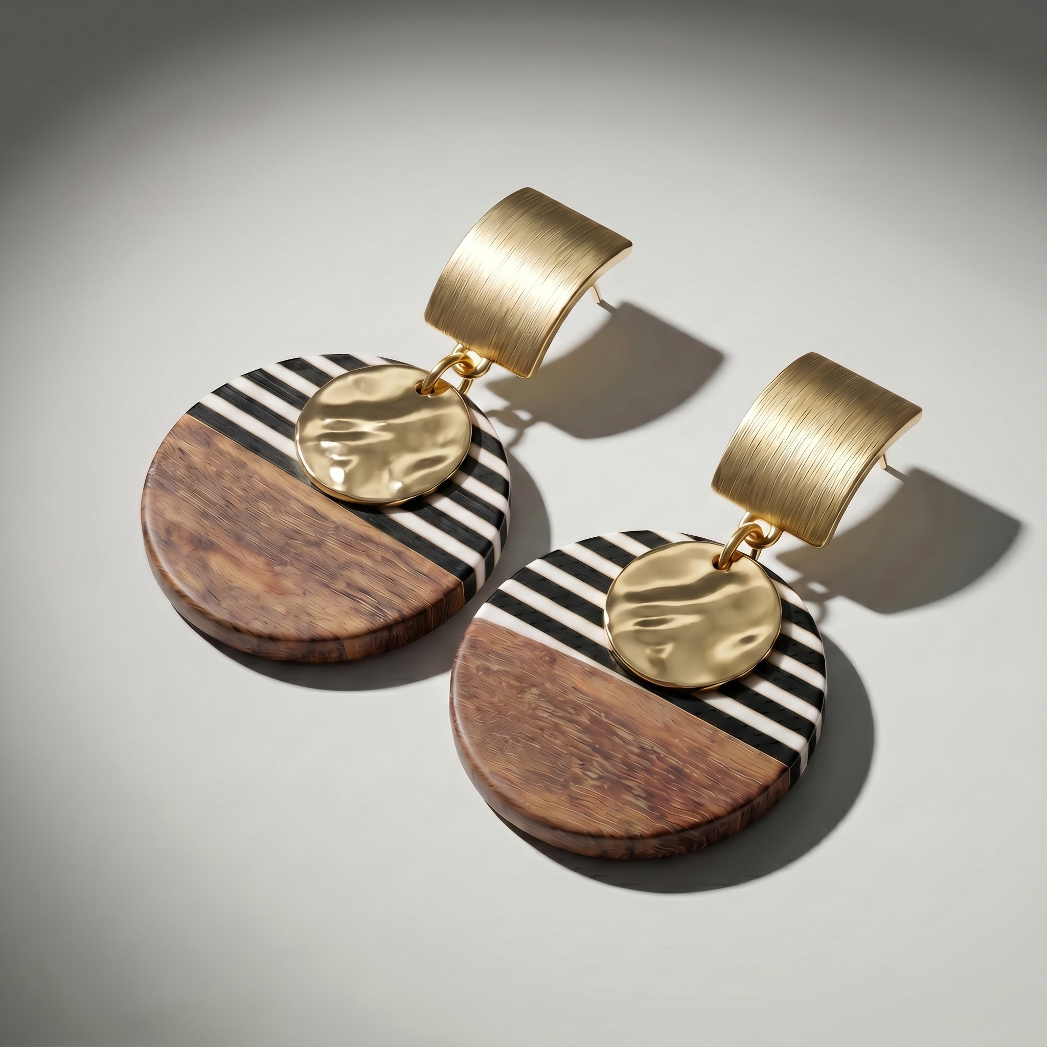 Sand and Sea Geometric wood and black & white stripe round drop earrings with hammered gold discs.