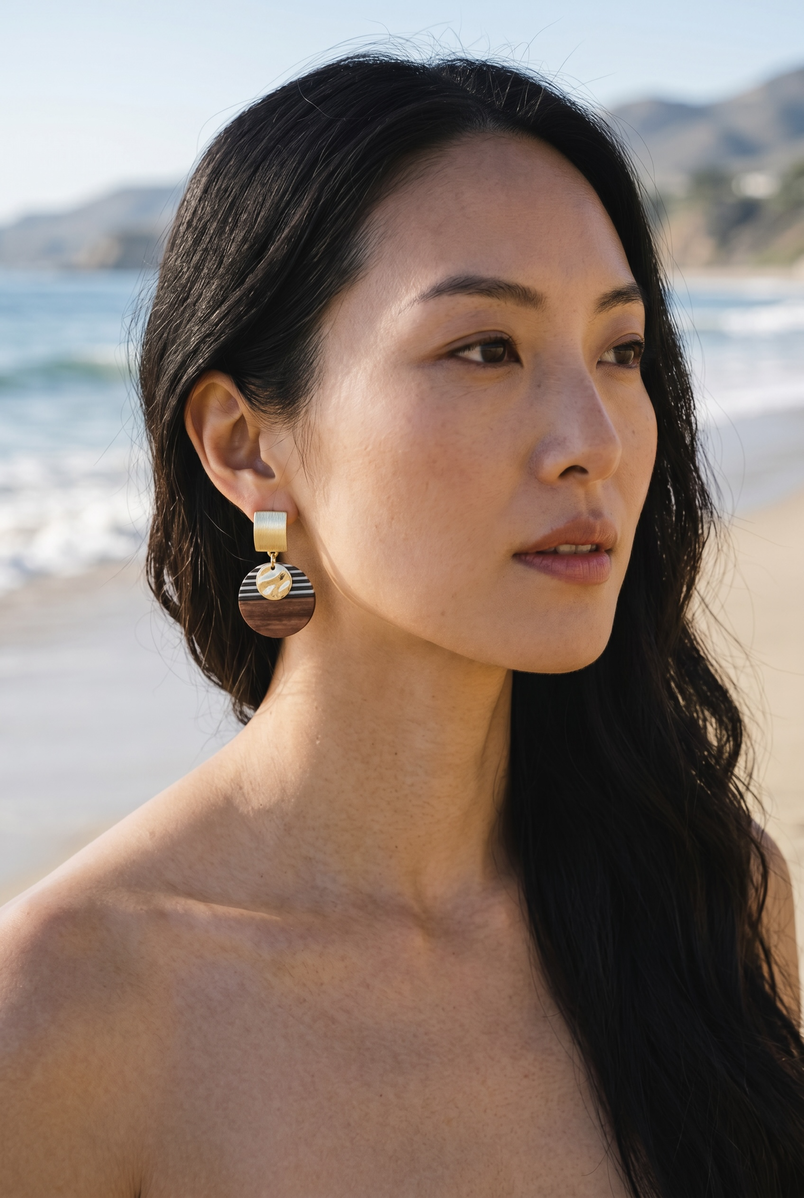 Sand and Sea geometric wood and stripe round drop earrings with brushed gold post and hammered gold disc.