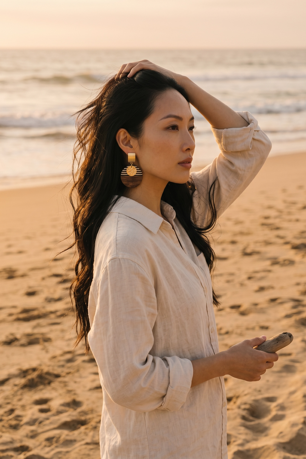 Sand and Sea geometric wood and stripe round drop earrings with gold-tone post and disc detail.