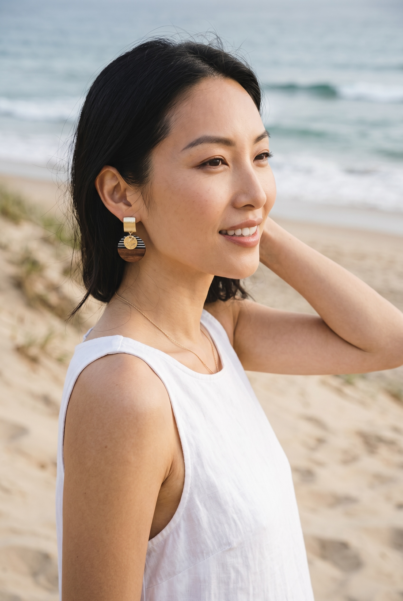 Sand and Sea geometric wood and stripe drop earrings with brushed gold post and hammered gold disc.