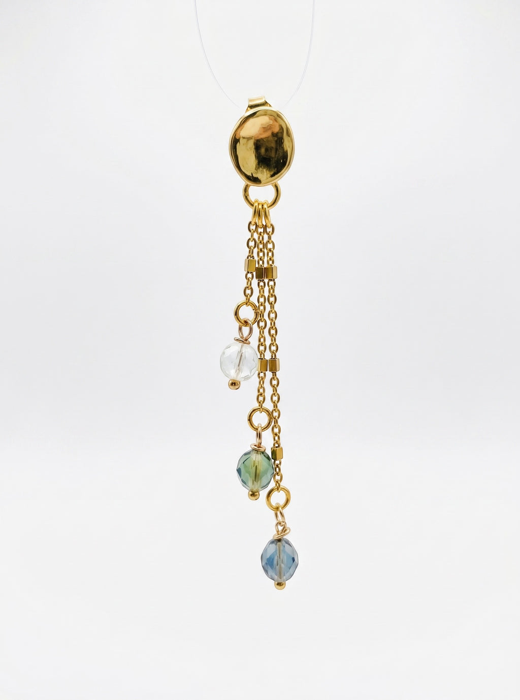 Sand and Sea gold plated drop earrings with faceted beads in clear, green, and blue hues.