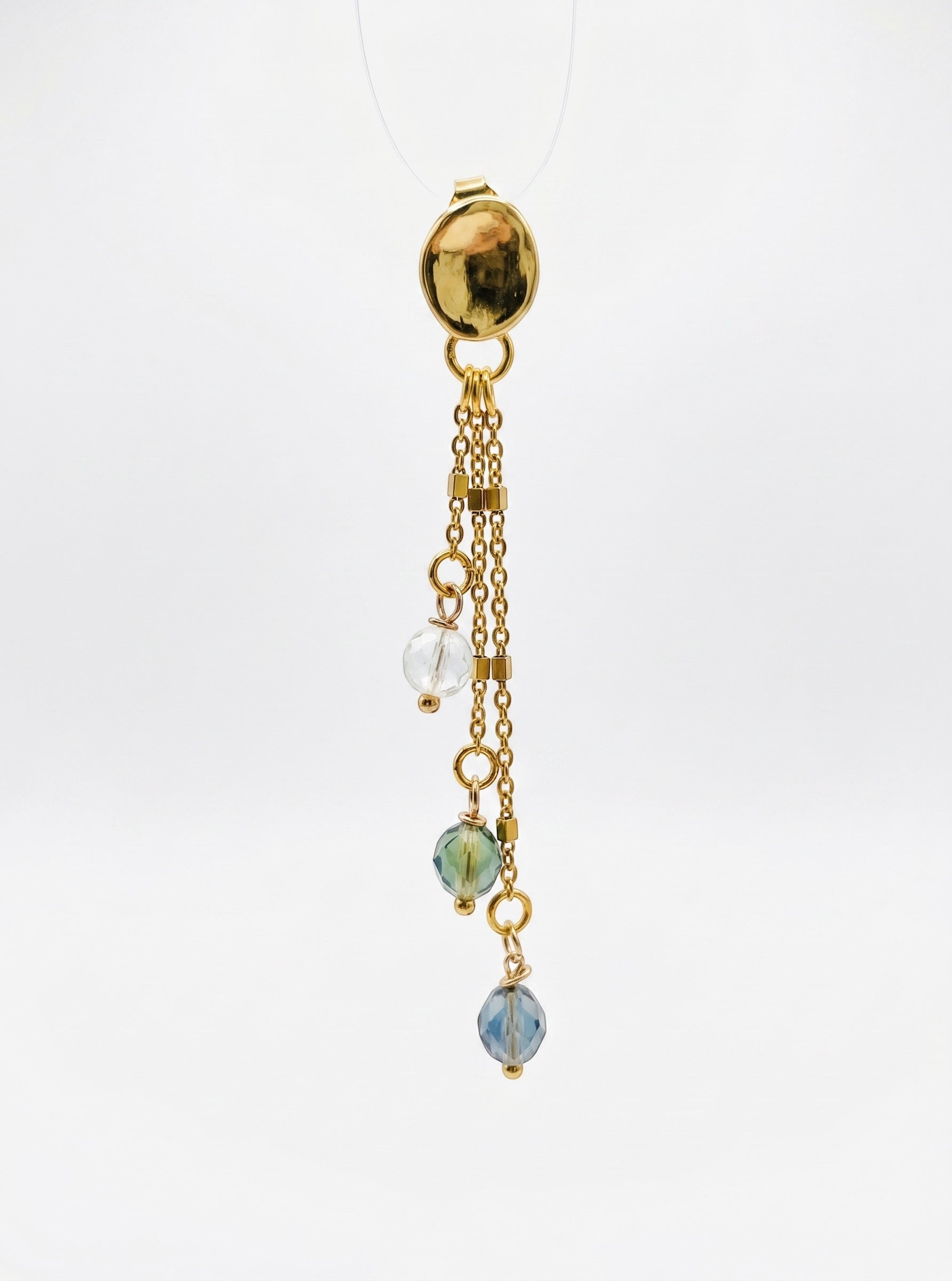 Sand and Sea gold plated drop earrings with faceted beads in clear, green, and blue hues.