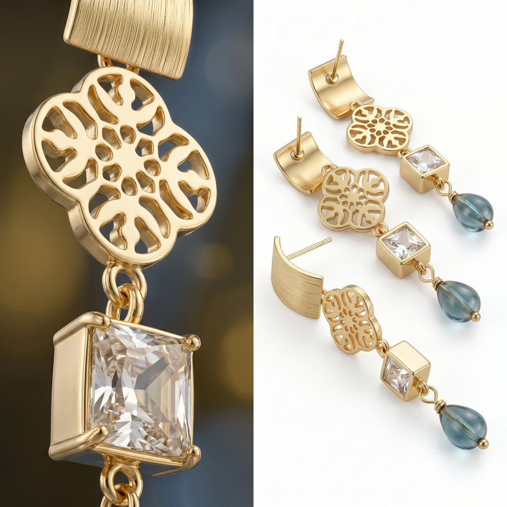 Sand and Sea gold-plated dangle earrings with quatrefoil charm, princess-cut cubic zirconia, and blue-green teardrop bead.