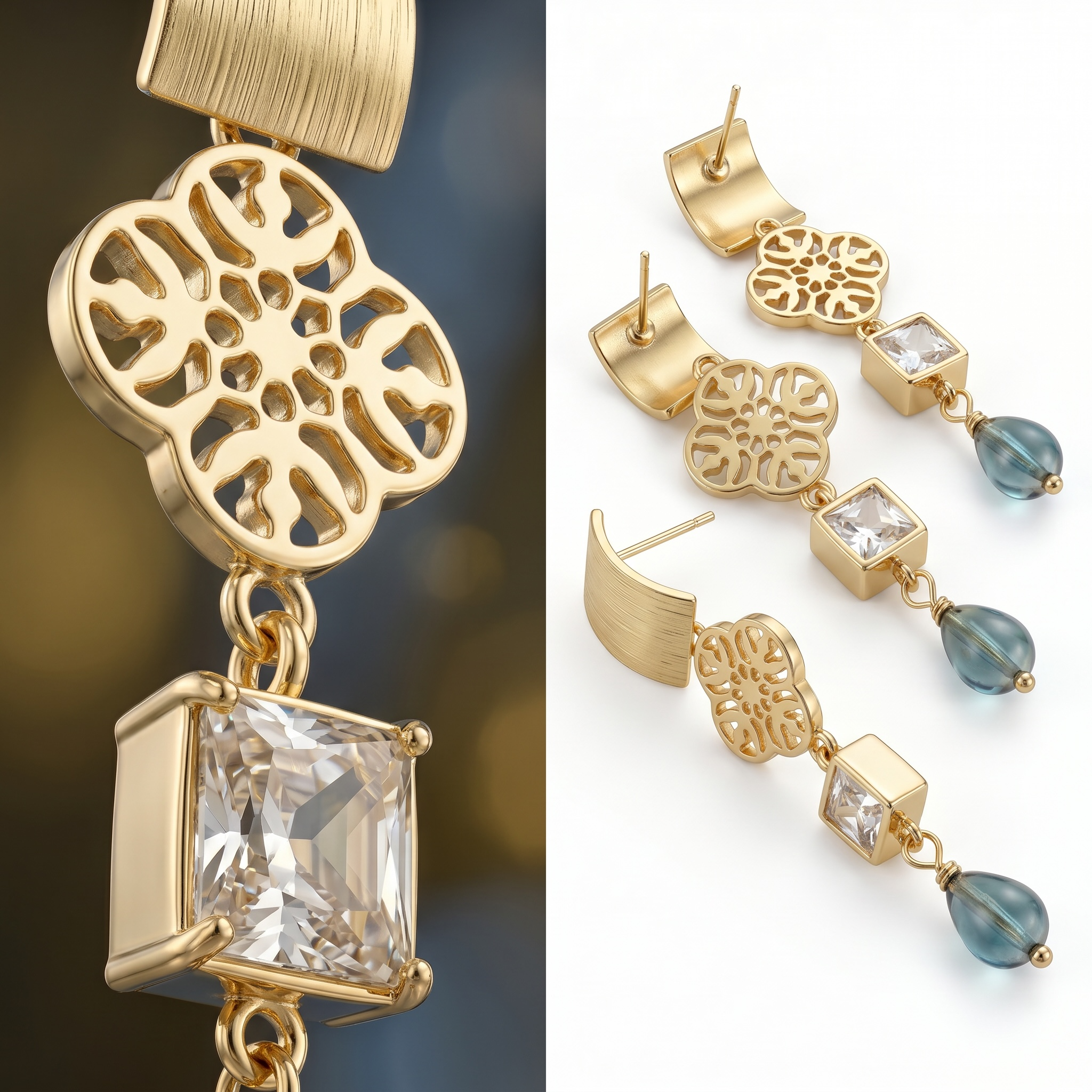 Sand and Sea gold-plated dangle earrings with quatrefoil charm, princess-cut cubic zirconia, and blue-green teardrop bead.