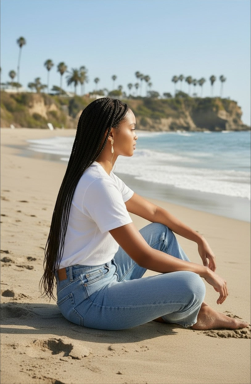 Sand and Sea 18k gold twisted post and white shell dangle earrings on a model at the beach.