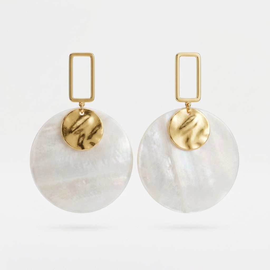 Sand and Sea white and cream marbled disc earrings with gold-tone rectangular frame.