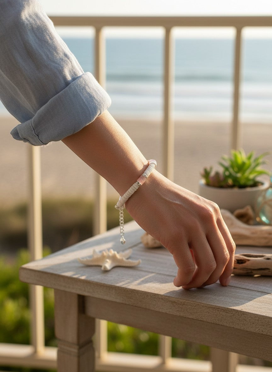 Sand and Sea handmade boho beach bracelet with rose quartz, white pukka shell, and silver beads.